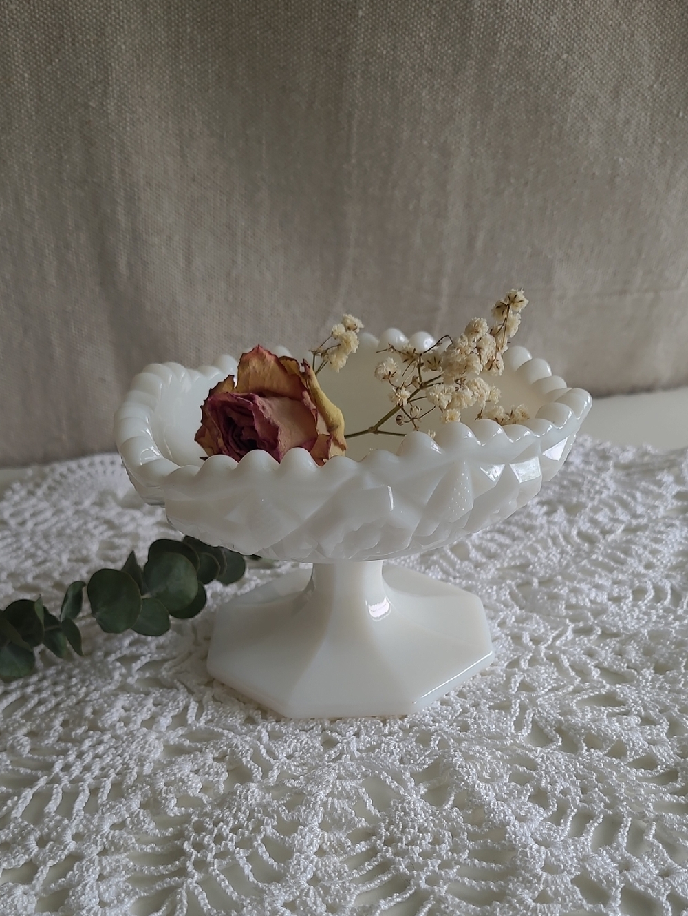 Vintage Hobstar Milk Glass Pedestal Dish 3-1/2 Inches Height, Candy Dish